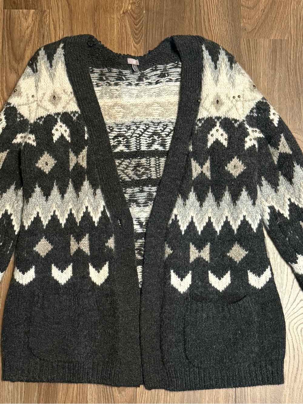 J. Jill Black and Cream Geometric Open-Front Cardigan